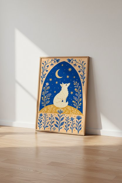 Folk Art White Fox Wall Art Print | Celestial Nursery Decor | Whimsical Poster