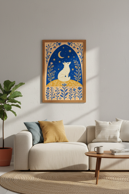 Folk Art White Fox Wall Art Print | Celestial Nursery Decor | Whimsical Poster