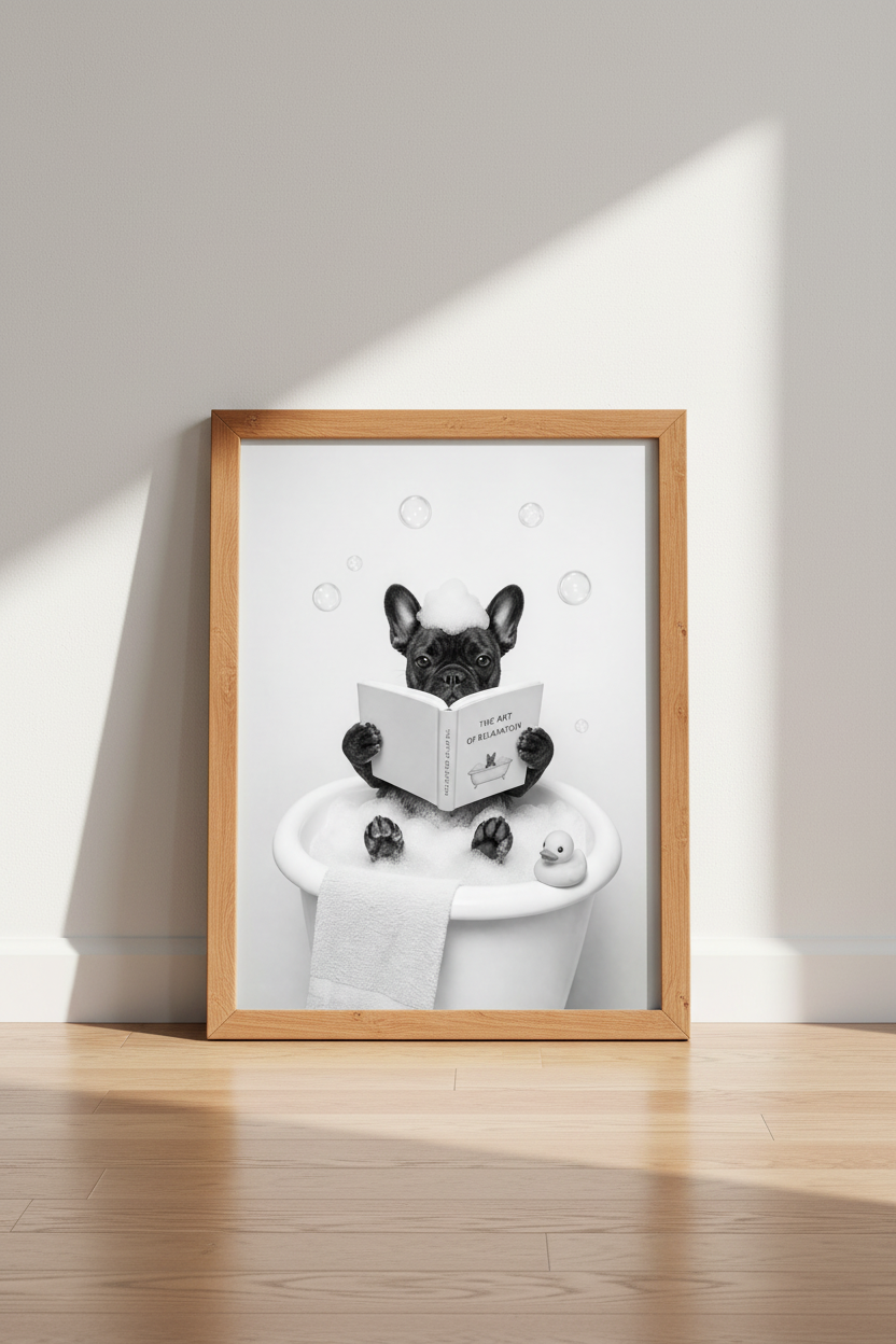 French Bulldog Reading in Bath Wall Art | Funny Bathroom Decor | Frenchie Poster