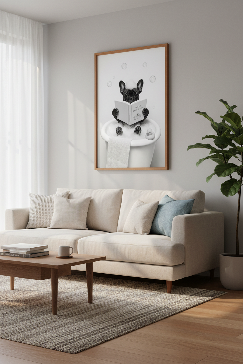 French Bulldog Reading in Bath Wall Art | Funny Bathroom Decor | Frenchie Poster