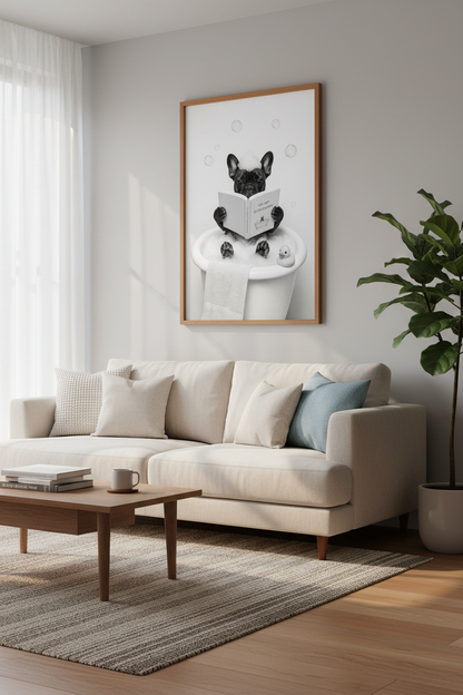 French Bulldog Reading in Bath Wall Art | Funny Bathroom Decor | Frenchie Poster