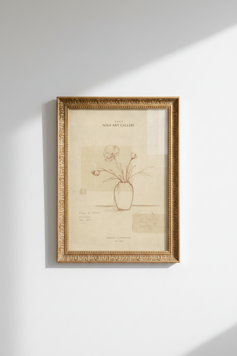 Botanical Poster | Sepia Vase Sketch, Vintage Floral | Living Room Decor