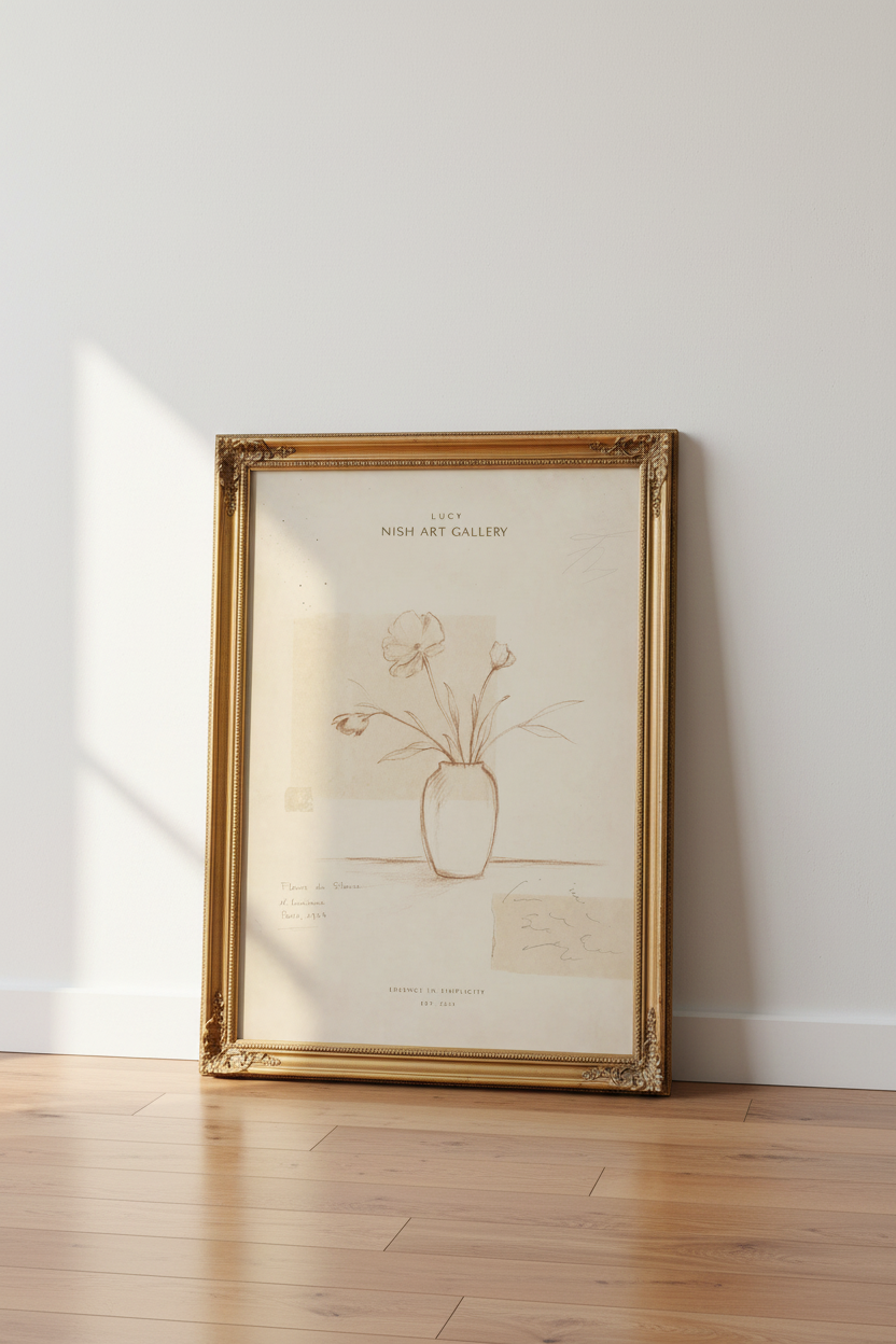 Botanical Poster | Sepia Vase Sketch, Vintage Floral | Living Room Decor