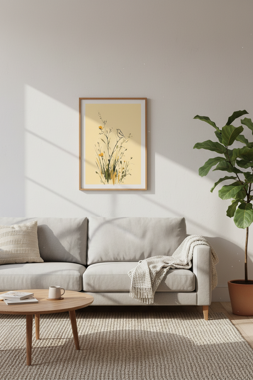 Japanese Ink Bird Wall Art Print | Minimalist Meadow Decor | Zen Botanical Poster