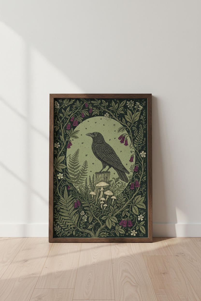 Crow Botanical Wall Art Print | Dark Academia Forest Decor | Vintage Raven Poster