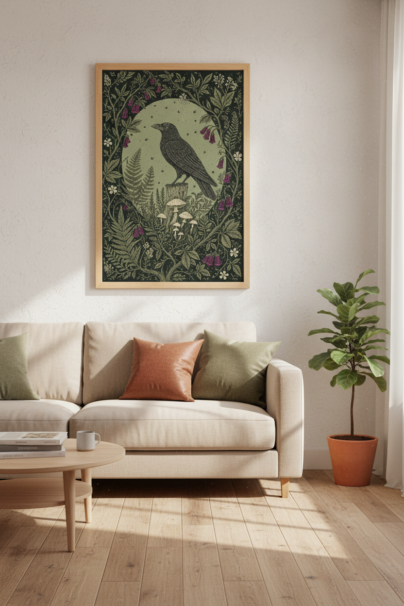 Crow Botanical Wall Art Print | Dark Academia Forest Decor | Vintage Raven Poster