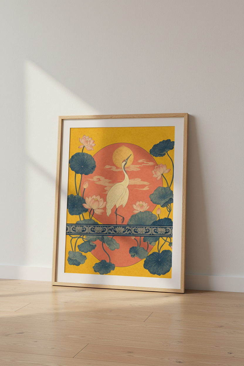 Japanese Crane &amp; Lotus Wall Art | Zen Asian Style Decor | Ochre &amp; Teal Poster