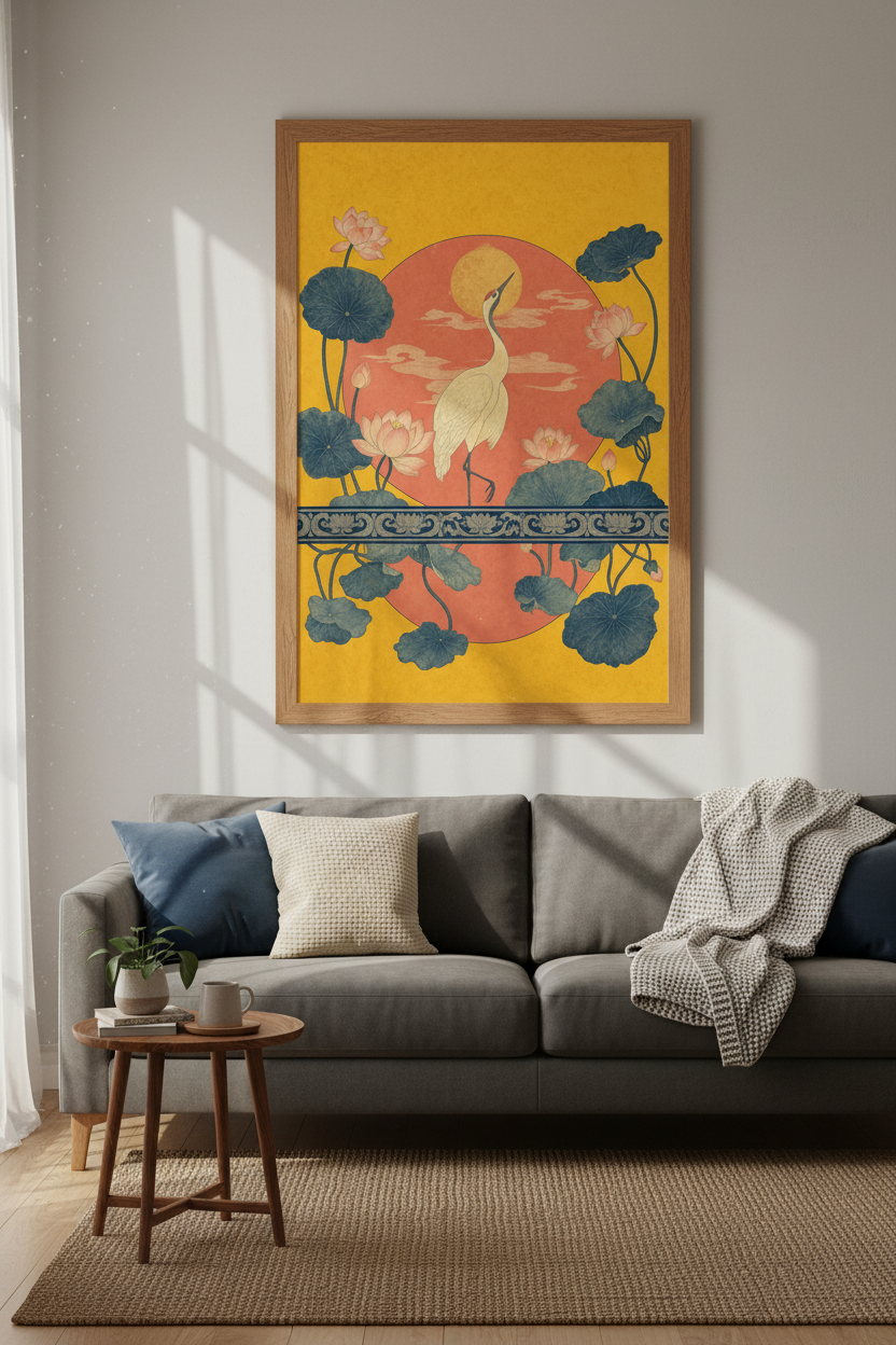 Japanese Crane &amp; Lotus Wall Art | Zen Asian Style Decor | Ochre &amp; Teal Poster