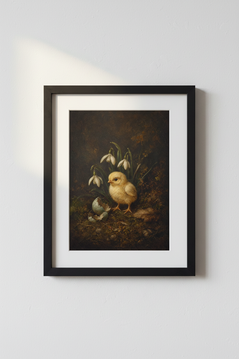 Vintage Chick Poster | Dark Ethereal Tones, Rustic Charm | Nursery Decor
