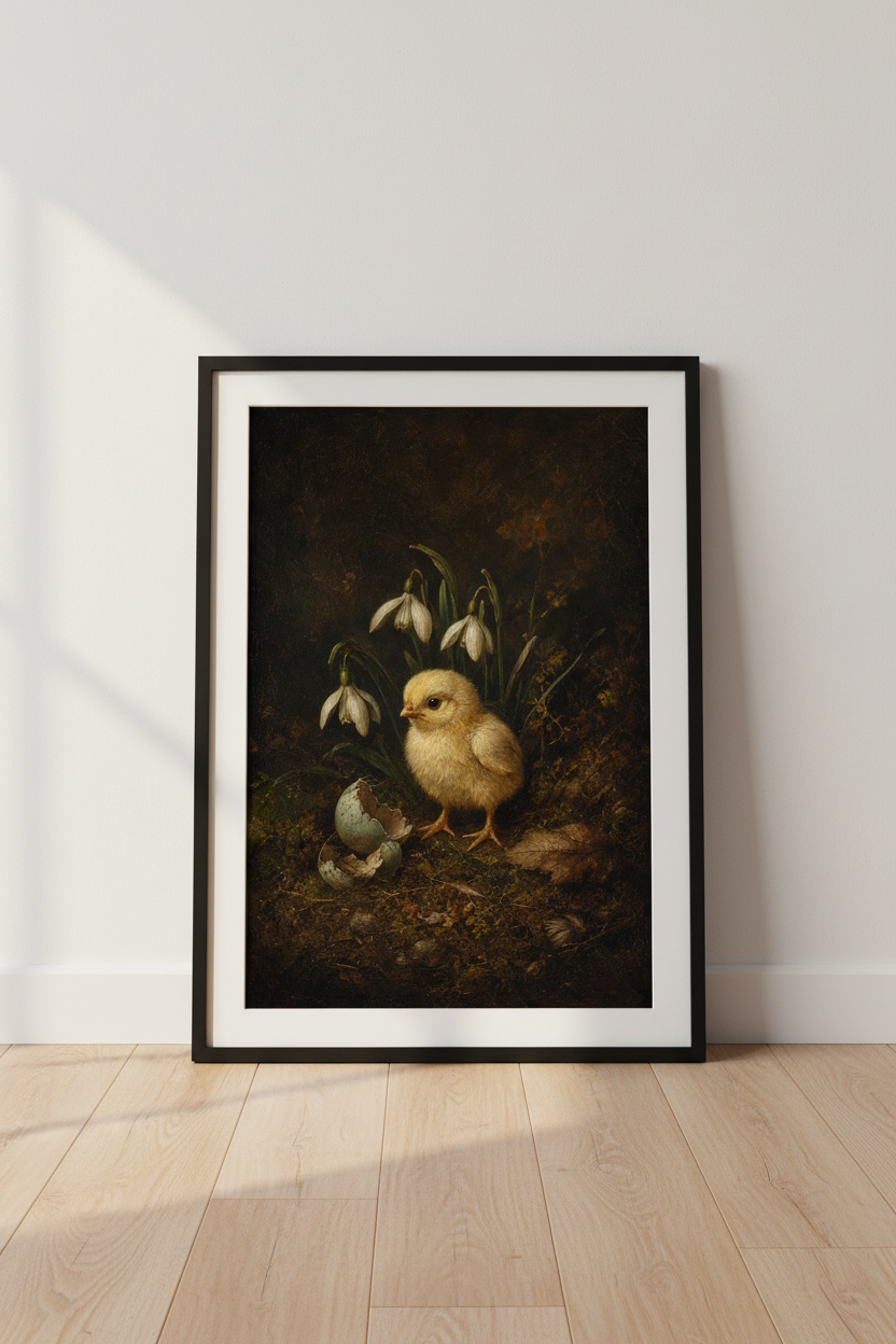 Vintage Chick Poster | Dark Ethereal Tones, Rustic Charm | Nursery Decor