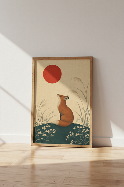 Japanese Fox Wall Art Print | Minimalist Red Sun Decor | Japandi Poster