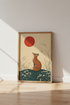 Japanese Fox Wall Art Print | Minimalist Red Sun Decor | Japandi Poster