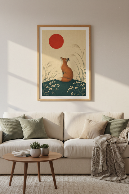 Japanese Fox Wall Art Print | Minimalist Red Sun Decor | Japandi Poster