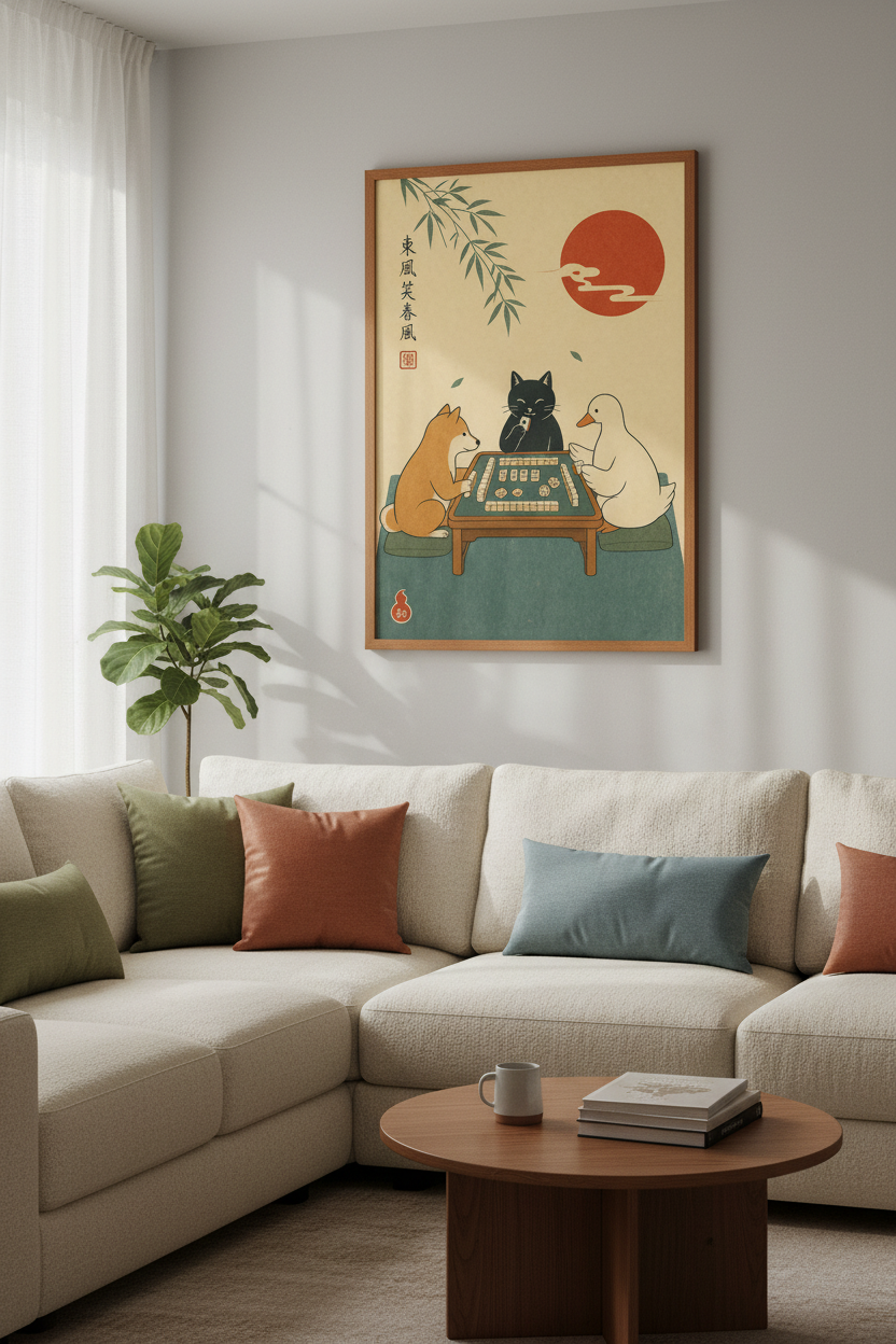 Animals Playing Mahjong Art Print | Japanese Style Poster | Shiba Inu &amp; Cat Decor