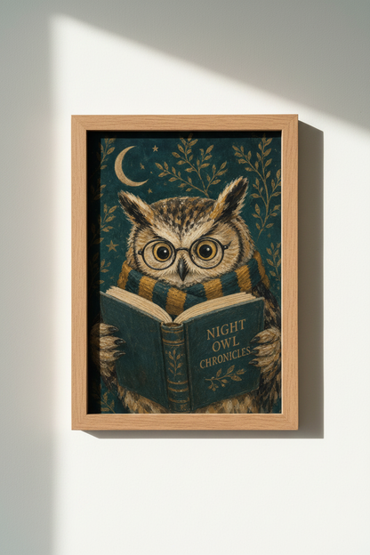 Dark Academia Owl Wall Art Print | Library Decor | Whimsical Wise Owl Poster