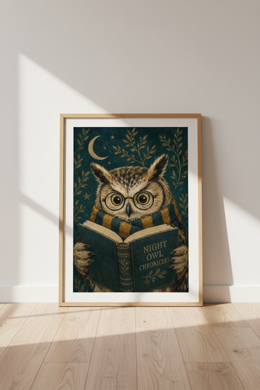 Dark Academia Owl Wall Art Print | Library Decor | Whimsical Wise Owl Poster