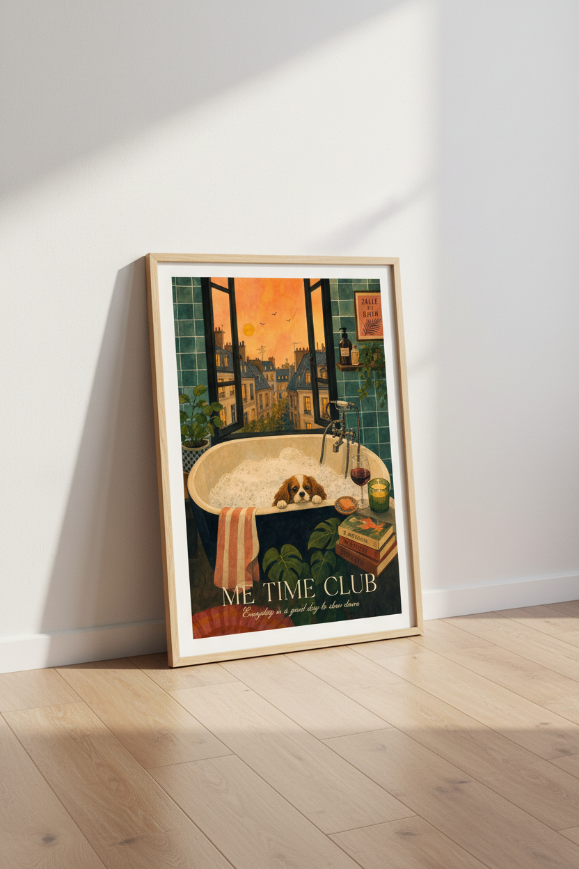 Cavalier Dog in Bathtub Paris Poster | Bathroom Wall Art | Cozy Aesthetic Print