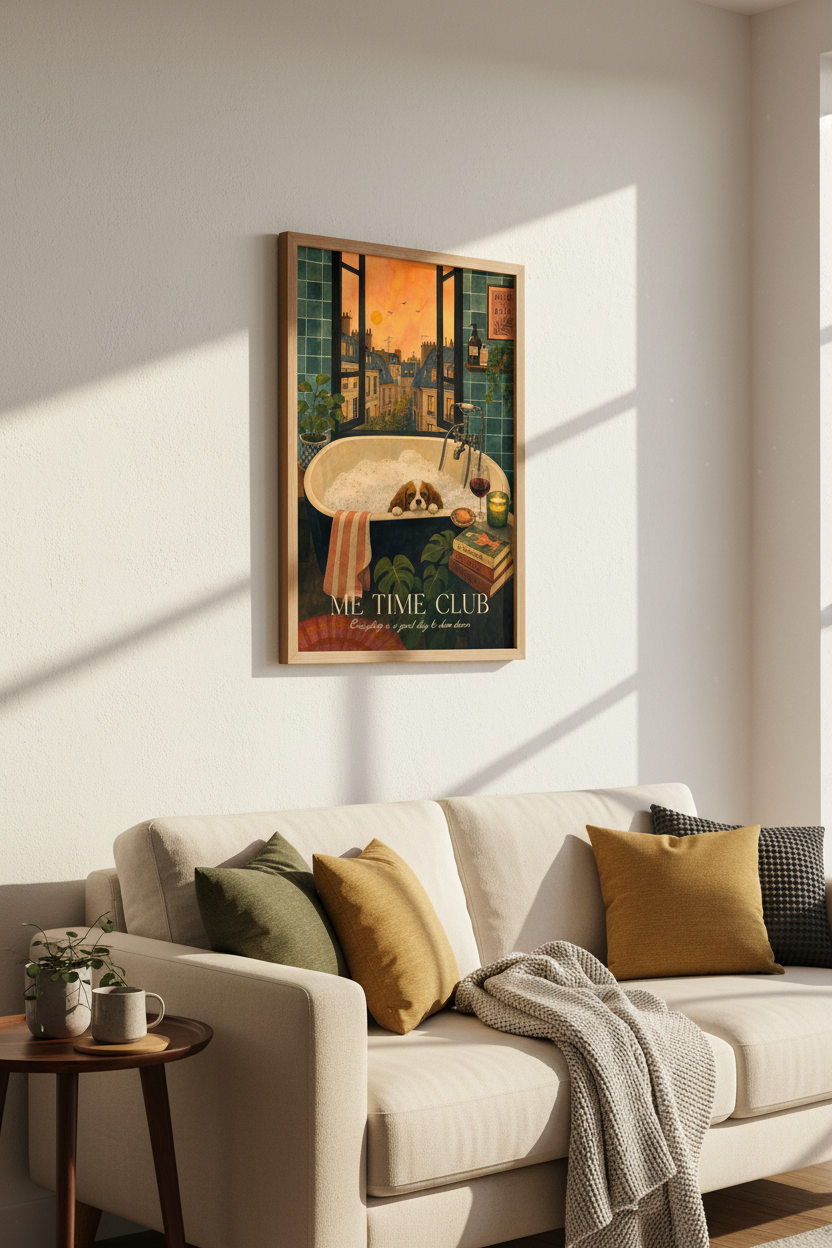 Cavalier Dog in Bathtub Paris Poster | Bathroom Wall Art | Cozy Aesthetic Print