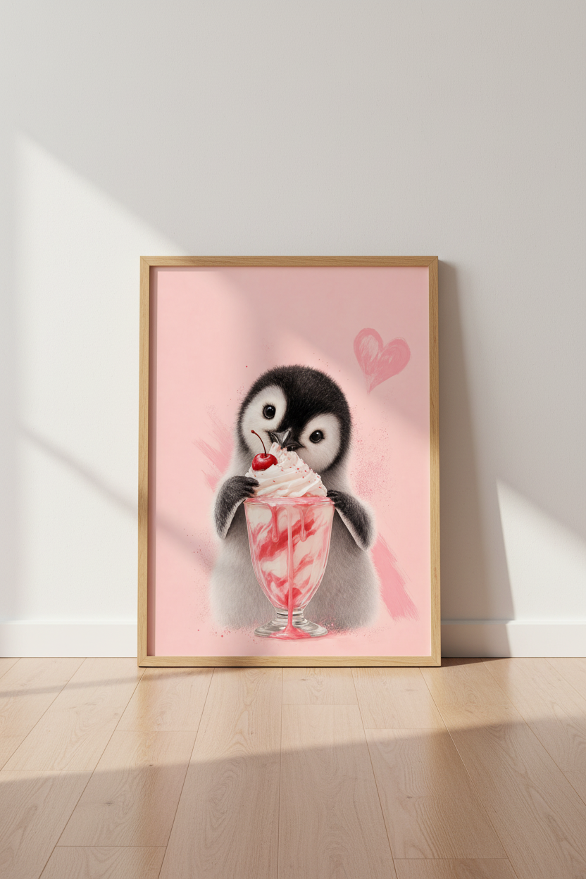 Baby Penguin Ice Cream Art | Pink Nursery Decor | Aesthetic Dessert Poster