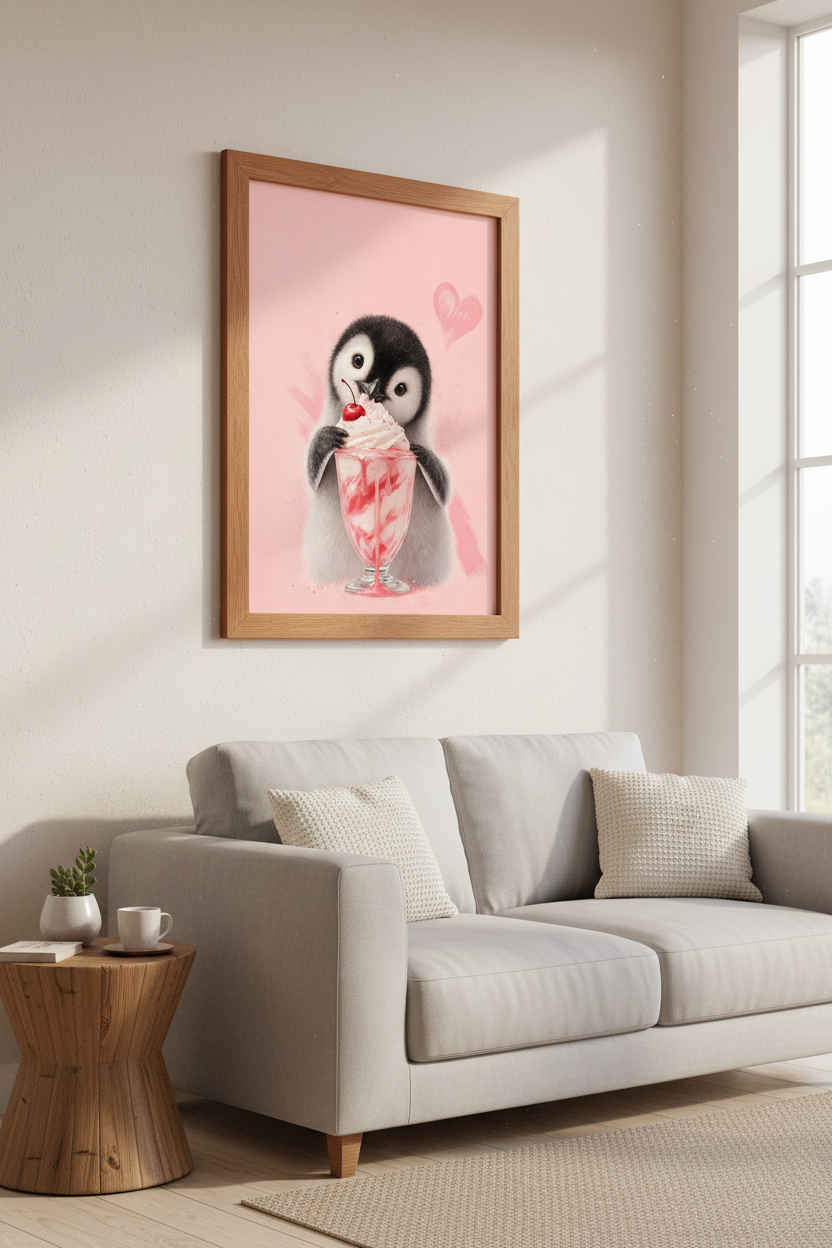 Baby Penguin Ice Cream Art | Pink Nursery Decor | Aesthetic Dessert Poster