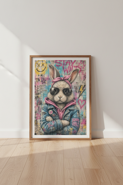 Urban Graffiti Bunny Art | Edgy Street Style Rabbit Print, Cool Teen Room Decor