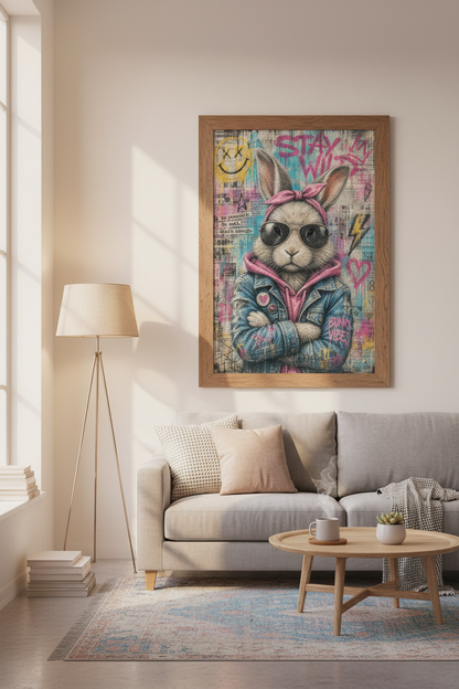Urban Graffiti Bunny Art | Edgy Street Style Rabbit Print, Cool Teen Room Decor