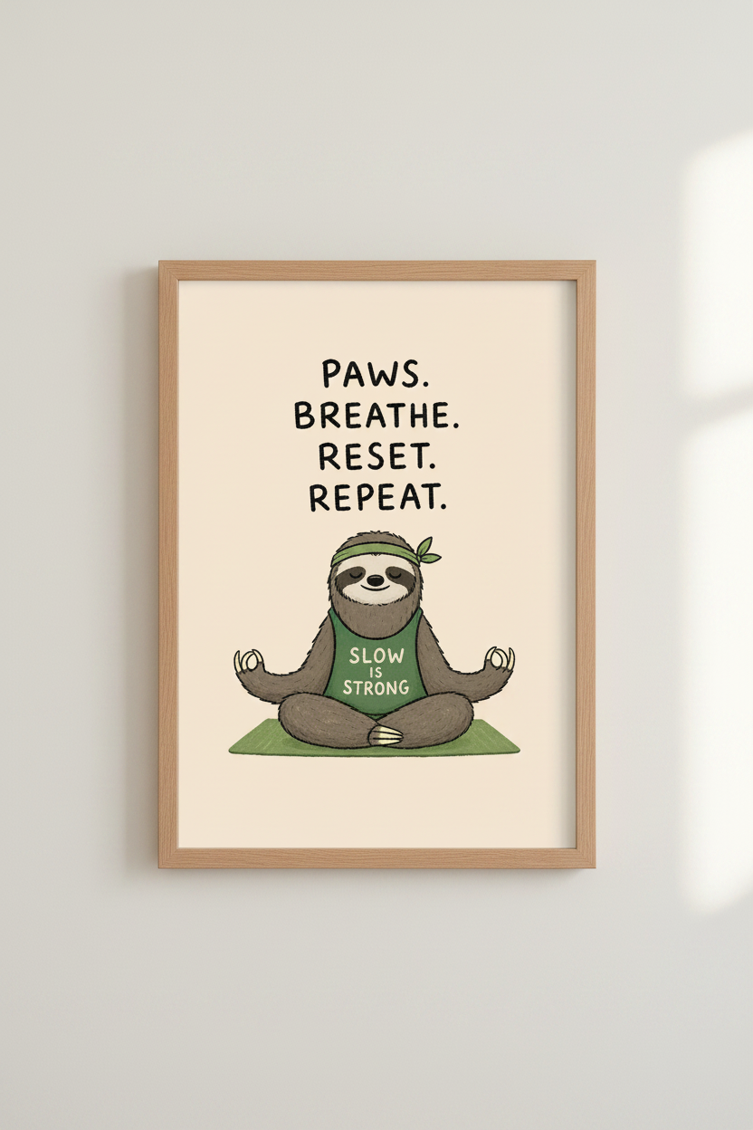 Yoga Sloth Wall Art | Mindfulness Poster, Zen Decor, Meditating Animal Print