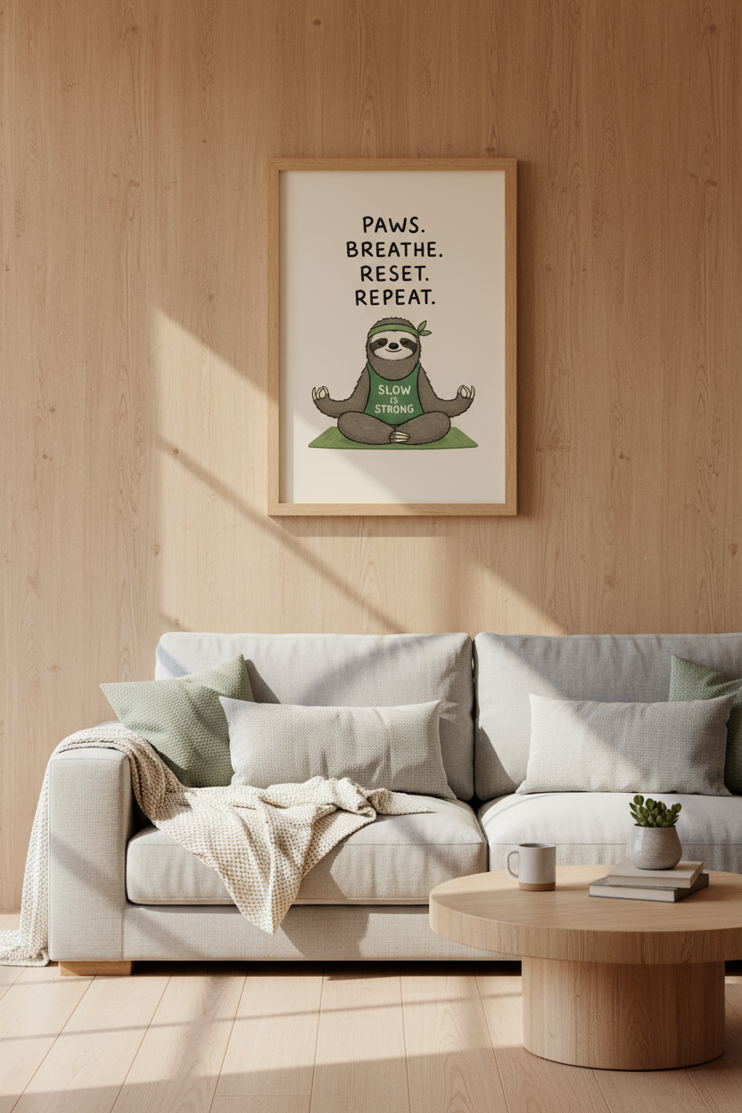 Yoga Sloth Wall Art | Mindfulness Poster, Zen Decor, Meditating Animal Print