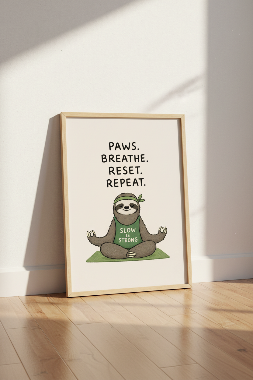 Yoga Sloth Wall Art | Mindfulness Poster, Zen Decor, Meditating Animal Print