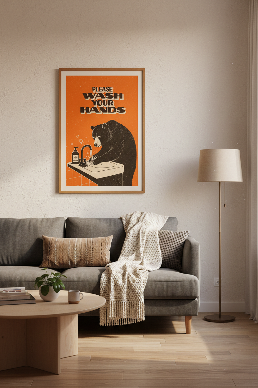 Wash Your Hands Bear Wall Art | Retro Orange Bathroom Decor | Funny Animal Poster