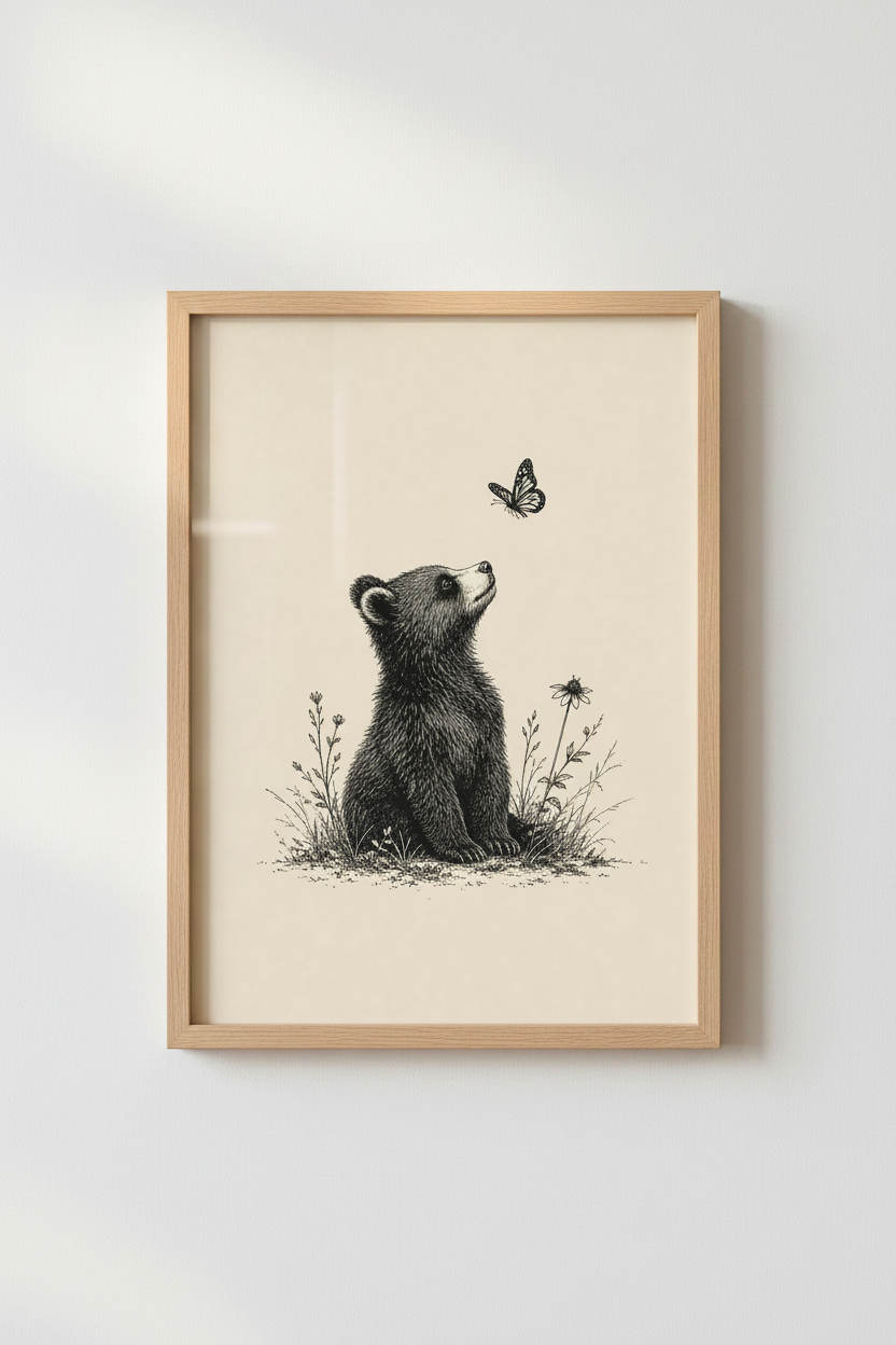 Bear Cub and Butterfly Art Print | Nursery Wall Decor | Vintage Ink Sketch Poster