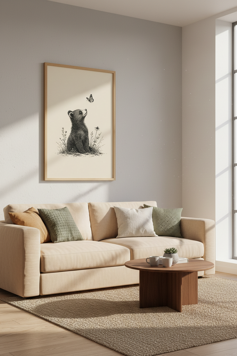 Bear Cub and Butterfly Art Print | Nursery Wall Decor | Vintage Ink Sketch Poster