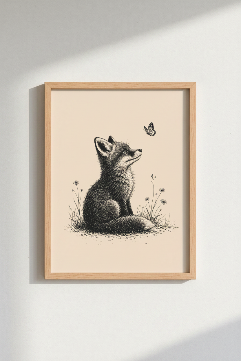 Fox and Butterfly Wall Art | Black Ink Illustration, Nursery &amp; Kids Decor Poster