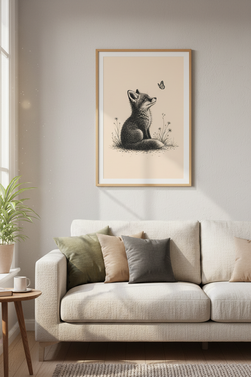 Fox and Butterfly Wall Art | Black Ink Illustration, Nursery &amp; Kids Decor Poster