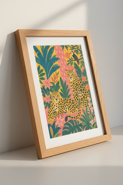 Leopard Jungle Wall Art | Tropical Botanical Illustration, Maximalist Decor Poster