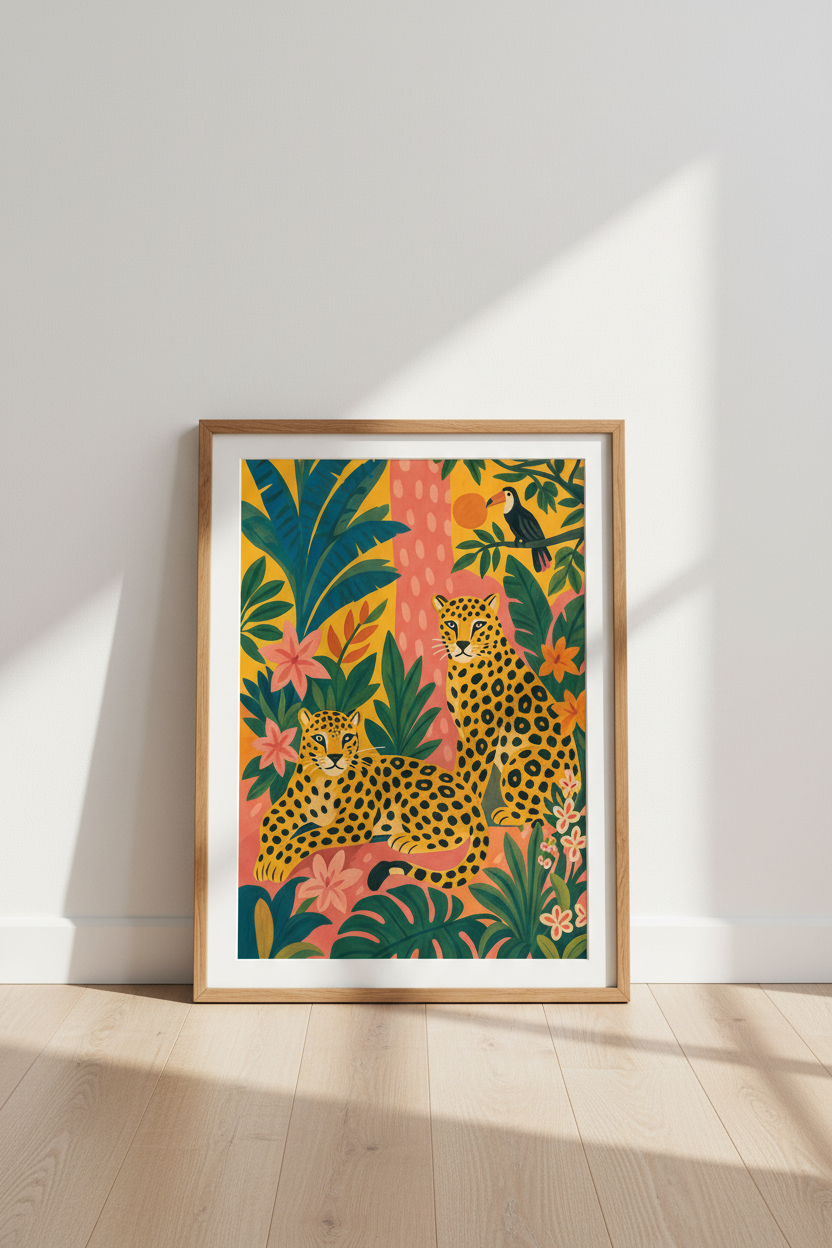Leopard Jungle Wall Art | Tropical Botanical Illustration, Maximalist Decor Poster
