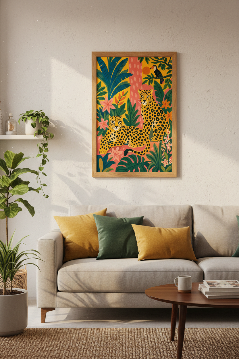 Leopard Jungle Wall Art | Tropical Botanical Illustration, Maximalist Decor Poster