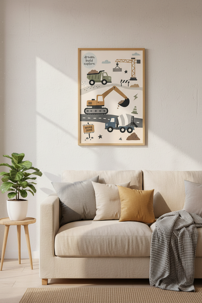 Construction Site Wall Art | Earth Tone Nursery Decor | Modern Toddler Poster