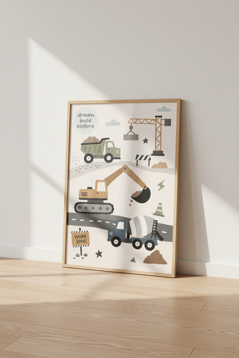 Construction Site Wall Art | Earth Tone Nursery Decor | Modern Toddler Poster