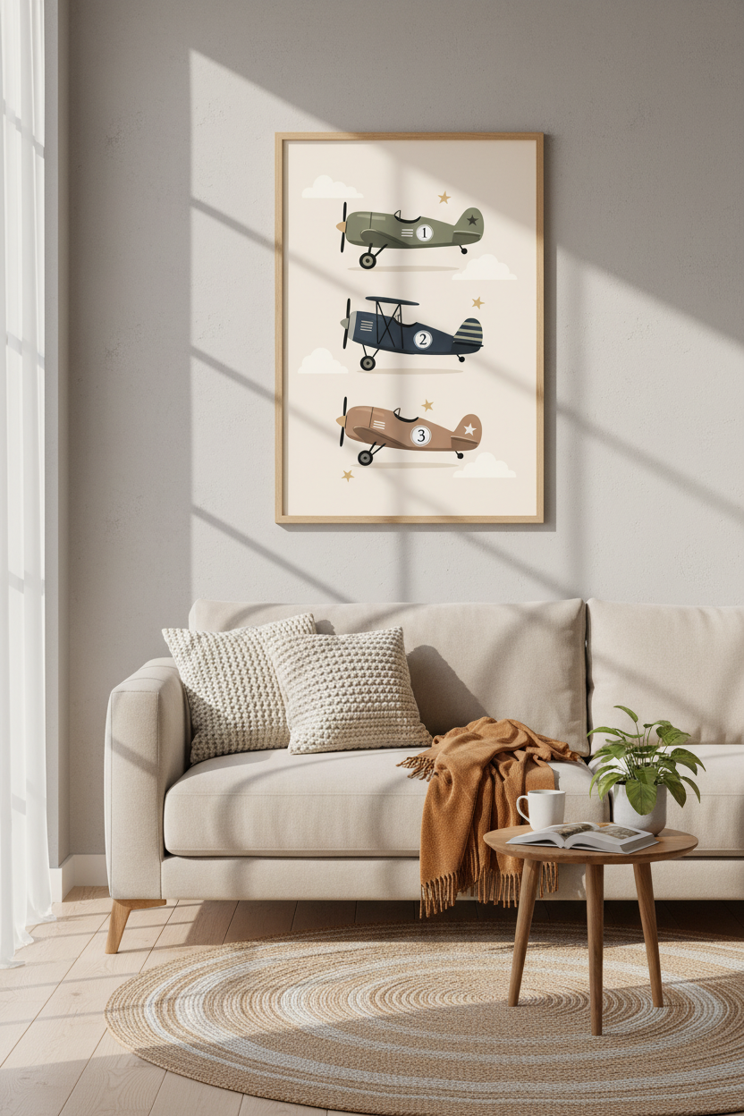 Vintage Airplane Wall Art | Nursery Plane Decor, Muted Blue Green Kids Poster