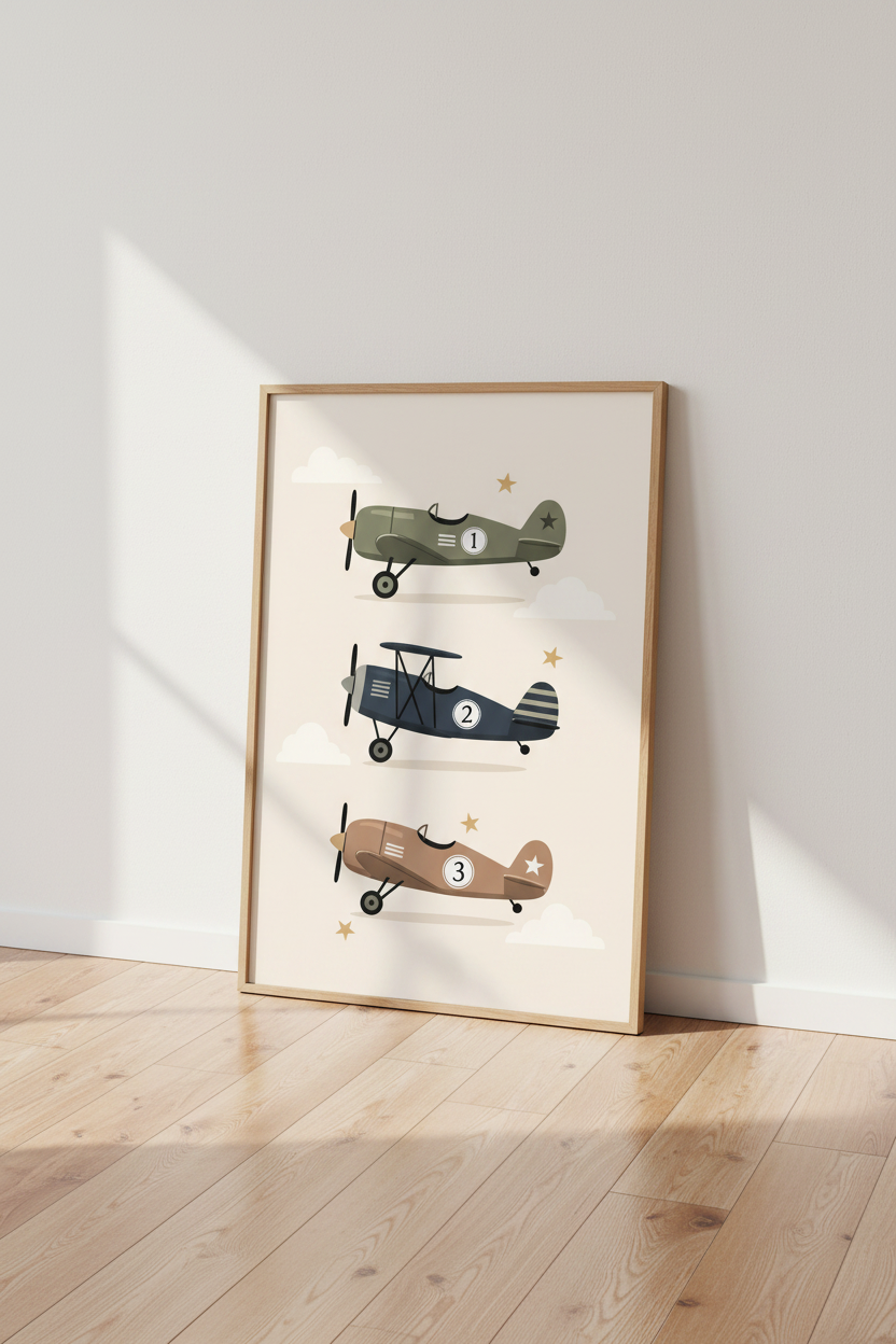 Vintage Airplane Wall Art | Nursery Plane Decor, Muted Blue Green Kids Poster