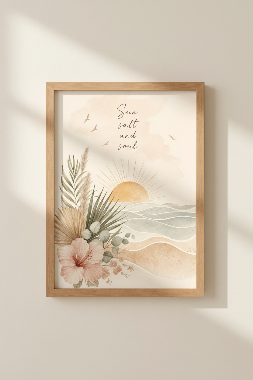 Sun Salt Soul Beach Wall Art | Boho Coastal Watercolor Poster | Tropical Home Decor
