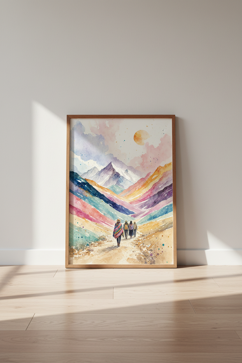 Bohemian Mountain Hiking Art | Vibrant Watercolor Landscape, Living Room Decor