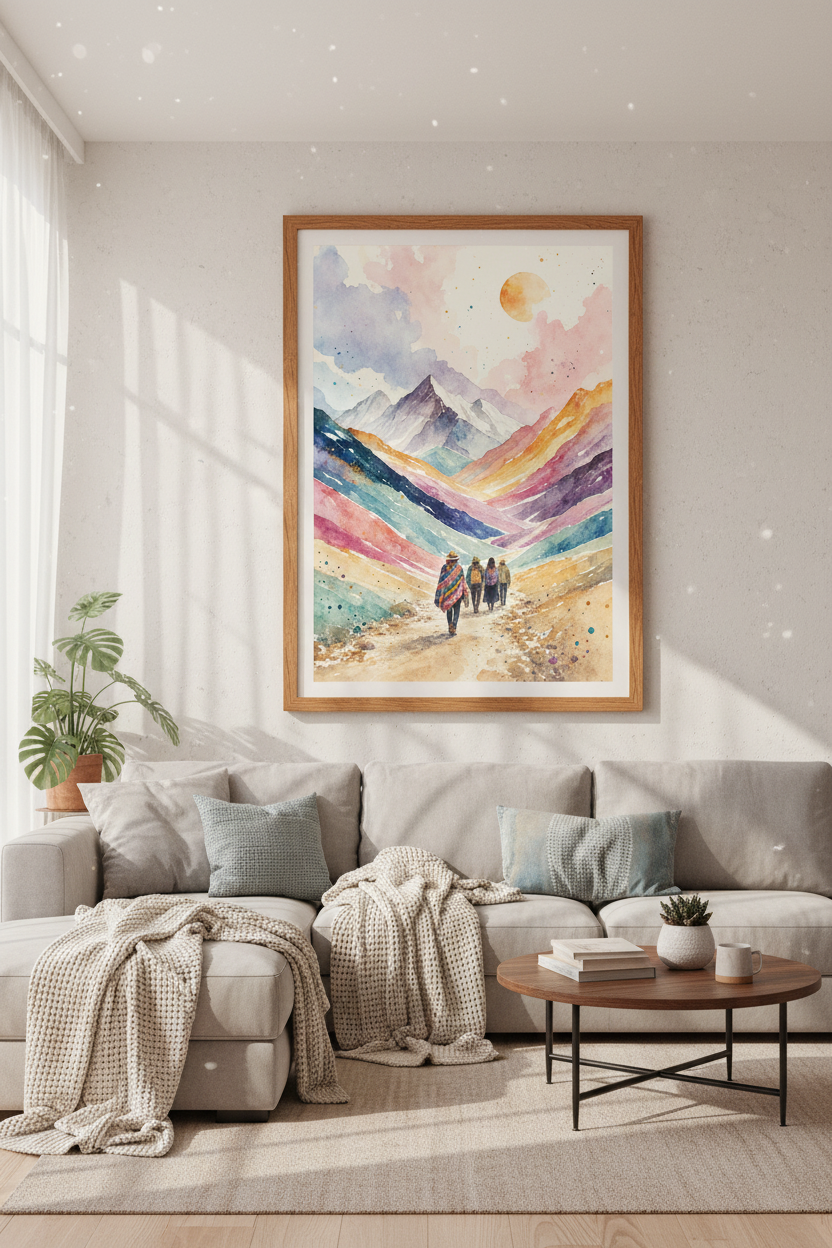 Bohemian Mountain Hiking Art | Vibrant Watercolor Landscape, Living Room Decor