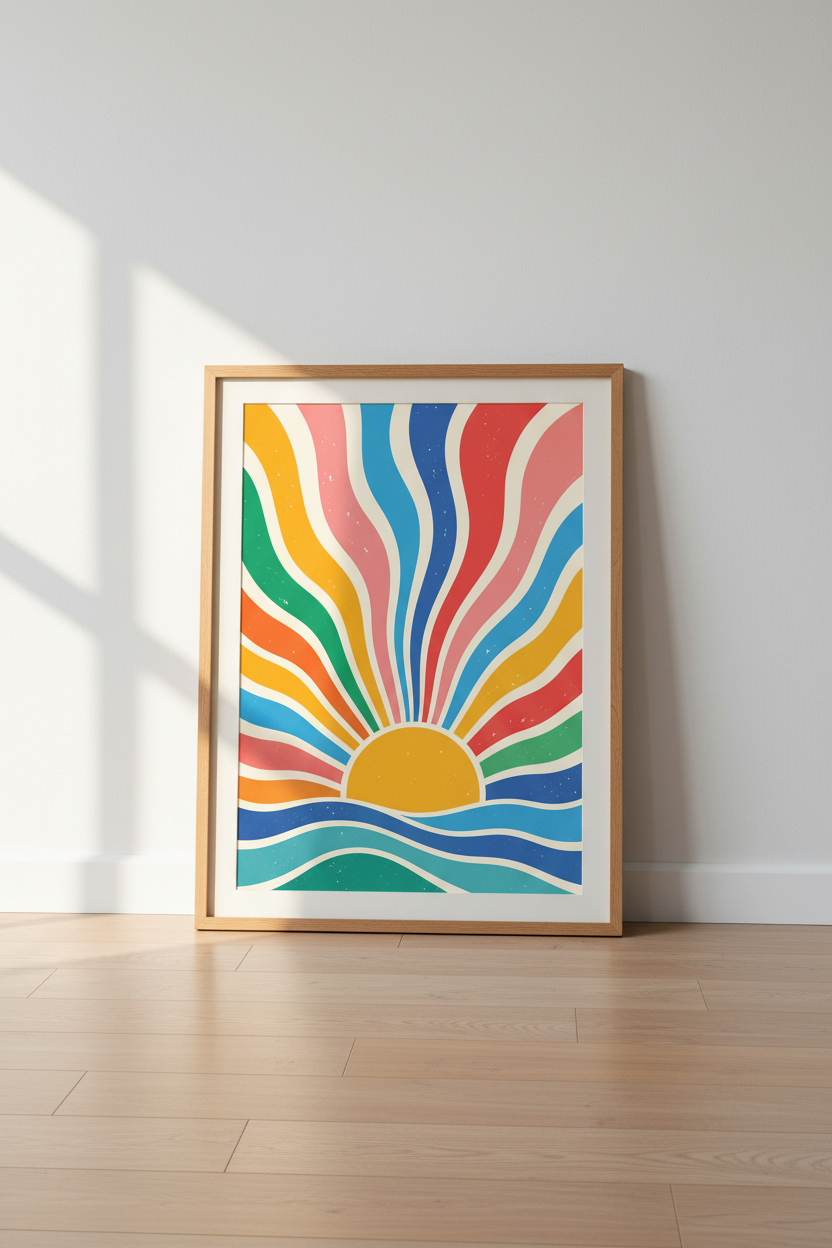 Retro Groovy Sunburst Wall Art | Colorful 70s Aesthetic, Living Room Decor