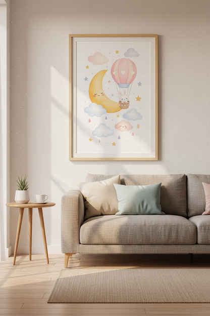 Watercolor Bunny Hot Air Balloon Wall Art | Nursery Decor | Pastel Whimsical Poster