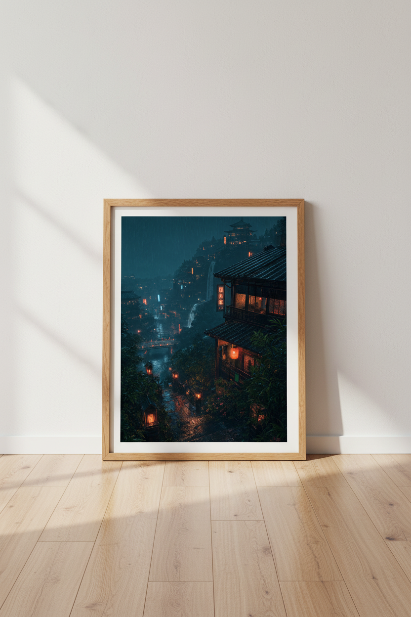 Japanese Rainy Village Wall Art | Cyberpunk Night Poster | Lofi Aesthetic Decor