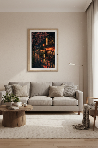 Rainy Japan Street Wall Art Print | Tokyo Night Decor | Cherry Blossom Poster