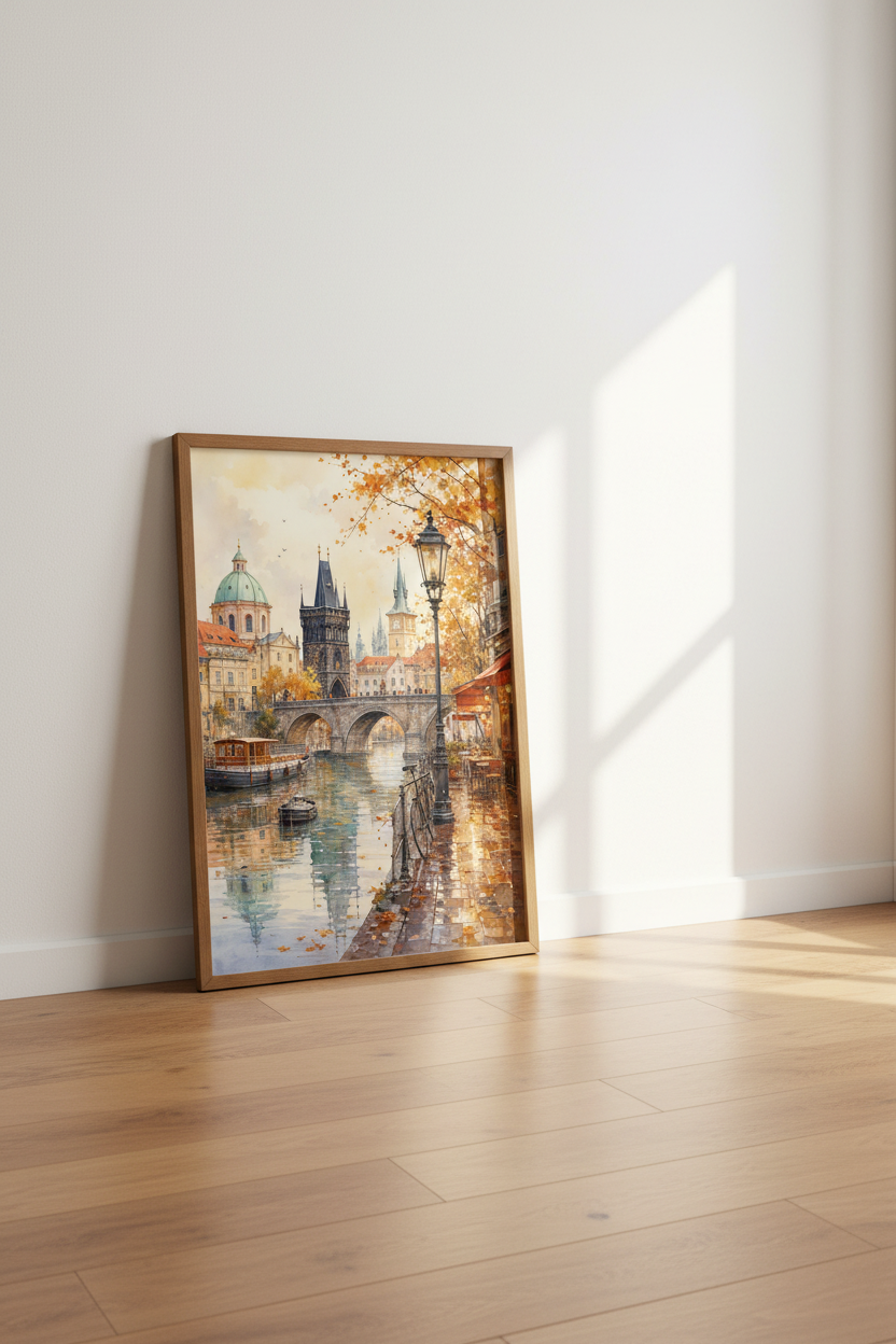 Prague Watercolor Cityscape Wall Art | Autumn Bridge Decor | European Travel Poster