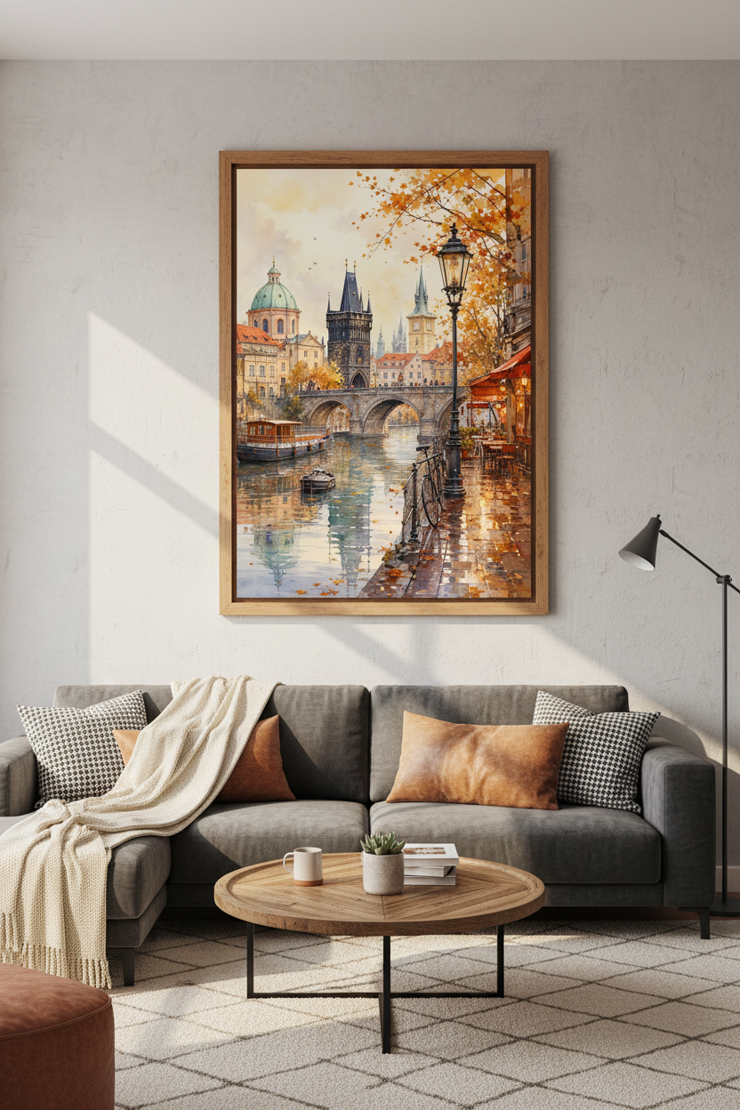 Prague Watercolor Cityscape Wall Art | Autumn Bridge Decor | European Travel Poster